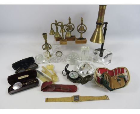 Interesting mixed lot to include Horse harness bells, paperweights, vintage glasses, compass etc.