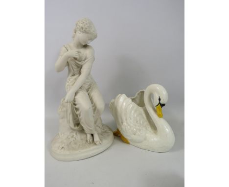 A Parian figurine which stands 33cm tall plus a Sylvac Swan planter.