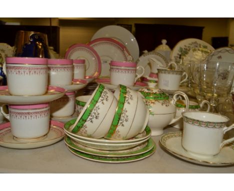 Ceramics - a Staffordshire part tea service, pink border, a Fryer and Sons, part tea service , green border, a E. H Holmes an