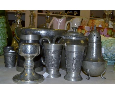 Pewter Ware - a Frank Cobb and Co, Sheffield hammered pewter tea caddy, a hammered pewter bowl ; etc , qty 