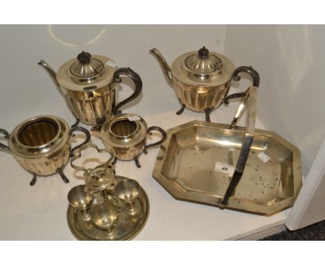 Silver plate - a four piece tea service, teapot, water jug, sugar bowl and milk jug;  a swing handle basket;  an egg stand (6