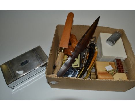 Gentleman's Ephemera - a chronium plated cigarette box, engine turned , c1920s. cigarette lighters, a boxed Ronson cigarette 