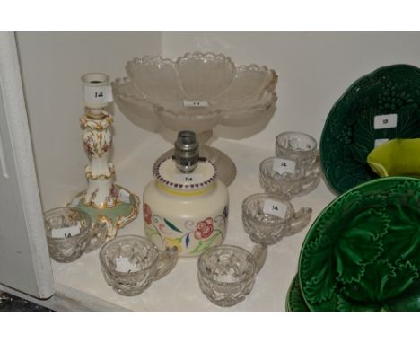 Ceramics and Glassware - a Poole pottery lamp base, a frosted glass pedestal bowl, moulded glass punch cups; etc 