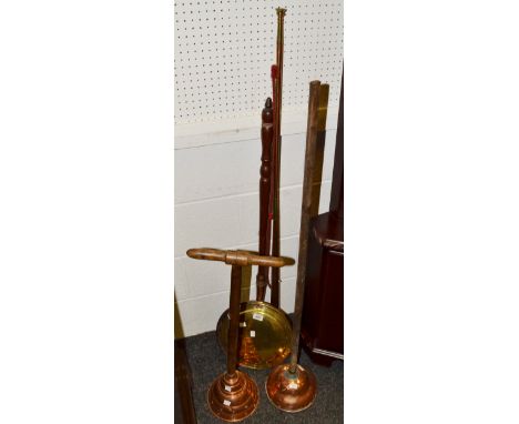 A copper and brass bed warmer, a copper ponch, a decorative copper hunting horn;  etc (4)