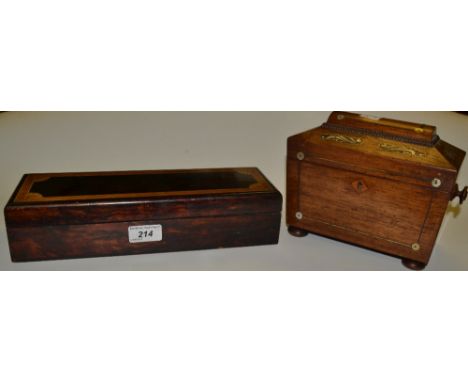 A Victorian sarcophagus tea caddy, the interior with two compartments, inlaid in mother-of-pearl, bun feet, c.1860, a stained