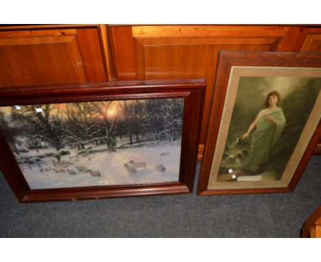 A Victorian coloured lithograph print 'Lead Kindly Light', J Farquharson , Winter Feed, framed print (2)