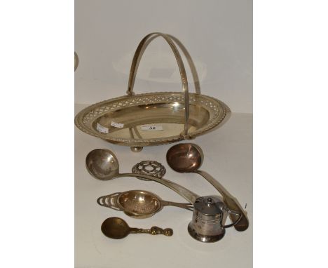 Plated - an E.P.N.S Fiddle pattern sauce ladle;  another, Old English pattern;  a mustard;  a swing handle cake basket;  etc 