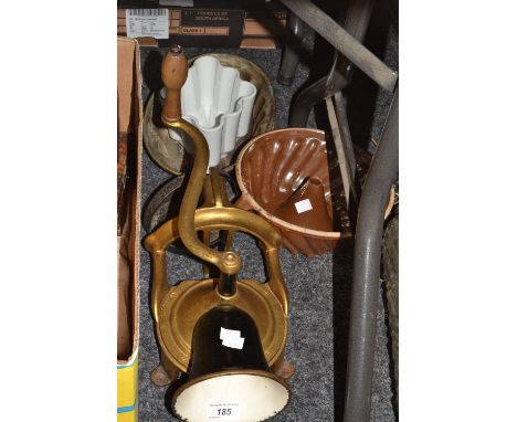 Kitchenalia- a table top mincer , ceramic jelly mould, copper jelly mould; etc 