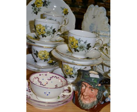 Ceramics - a Queen Anne part tea service, a pink lustre tea cup and saucer, another saucer, a Royal Doulton character jug, Ri