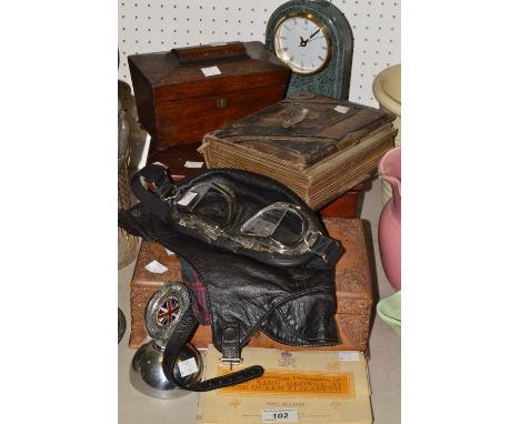 Boxes and Objects - a Victorian photograph album, a pair of flying goggles and hat, a Victorian mahogany, tea caddy, an olive