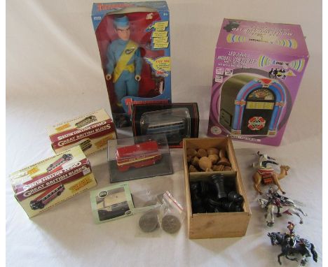 LED Jukebox, Thunderbirds talking Virgil, chess set, die cast buses, coins, lead soldiers