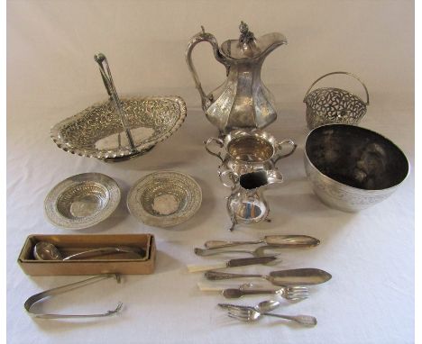 Various silver plate inc jug, baskets, tongs, ladle etc