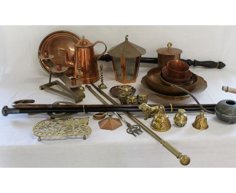 Selection of brass and copper including telescopic toasting fork, warming pan, trivets, child's microscope &amp; 3 walking ca