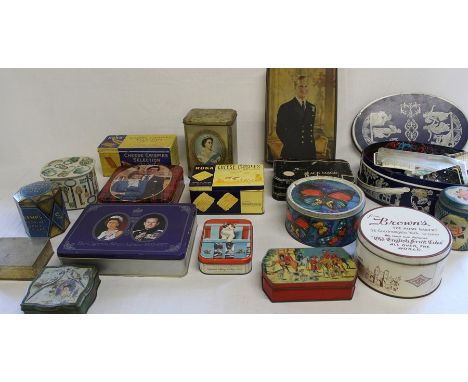 Quantity of vintage biscuit tins including Sharp and Huntley &amp; Palmers, cigarette box &amp; selection of sewing accessori