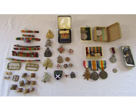 Selection of militaria etc inc buttons, badges inc silver ARP badge, ribbons, dress medals, HRH The Duke of Connaught medal, 