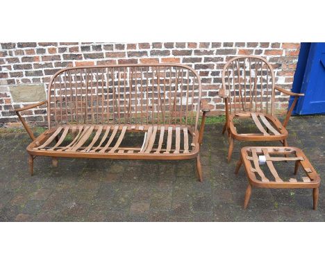 Spindle back Ercol sofa, chair and footstool all without upholstery&nbsp;