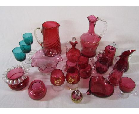 Assorted cranberry glass etc inc jugs, glasses and decanter &amp; 2 Royal Worcester egg coddlers