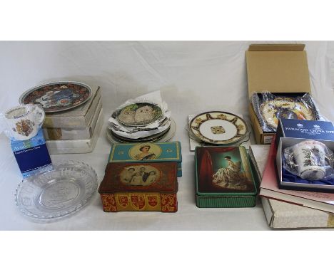 Selection of commemorative ware including tins, Royal Worcester 50th Anniversary Queen Elizabeth plate, Bradford Book of Coll