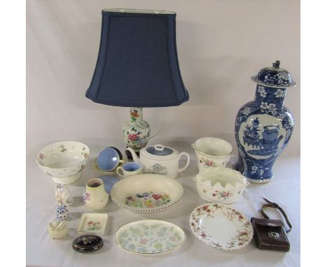 Various ceramics inc Minton, Susie Cooper, Limoges, Wedgwood and Poole, Oriental style lamp and large lidded blue and white v