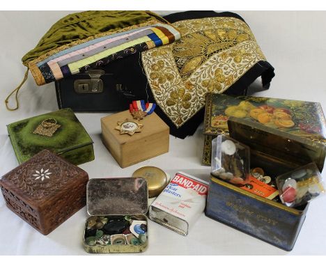 Gold thread embroidered panel, tins of buttons, trinket boxes, diamond jubilee medal, pyjama case, Edwardian blouse etc.