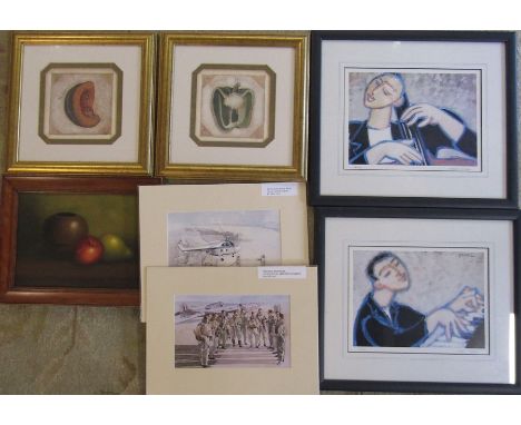 Pair of framed prints 'Piano' and 'Bass' signed and titled in pencil by Marsha Hammel, oil on board still life by K Cotton, p