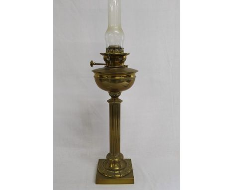 Large brass paraffin lamp with classical column (converted to electric) ht without chimney 53cm