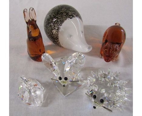 3 Swarovski crystal animals - swan, hedgehog and mouse &amp; 3 Wedgwood glass animals&nbsp;