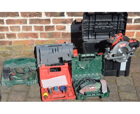 Milwaukee M18 circular saw, Bosch PM580A multi sander and 2 Bosch drills