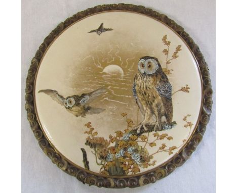 Hand painted wall plaque decorated with owls, with T Goode &amp; Co South Audley Street London Grosvenor Road label to revers