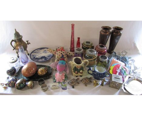 2 boxes of assorted ceramics, glassware, silver plate etc inc Caithness, Tony Wood 'Darby &amp; Joan', pair of copper vases a