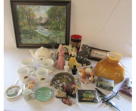 Various ceramics, glassware, pictures, lamp shade, Ringtons tea service etc