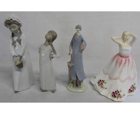 Royal Doulton Claire HN3209, Lladro figure of a standing girl, Nao figure of a girl with basket &amp; one other Lowry type fi