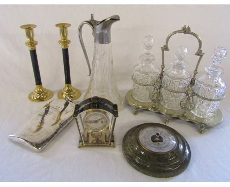 Various items inc barometer, Schatz 8 day clock, candlesticks, silver plated decanter set (decanters af), claret jug &amp; la