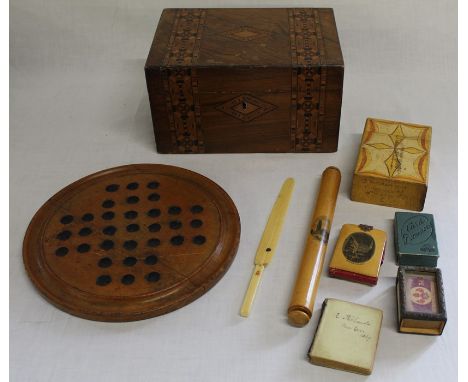 Victorian Tunbridge Ware jewellery box, Mauchlineware notebook &amp; ruler depicting Boston church, solitaire board, letter o