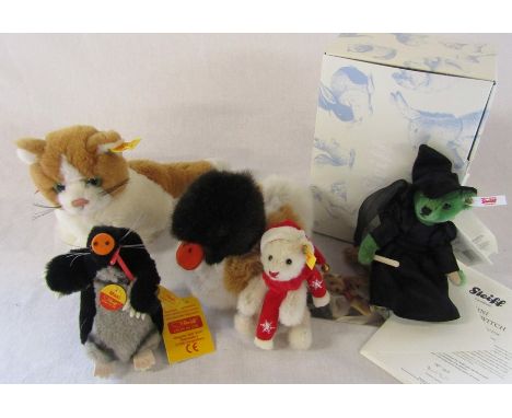 Assorted Steiff soft toys inc duck, cat, Maxi mole, miniature christmas bear and boxed limited edition mini Wicked witch, gre