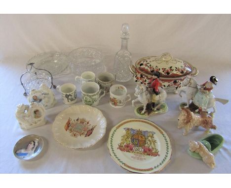 Various ceramics inc Sylvac (collie dog repaired nose), Queen Victoria mugs and plates, tureen, spill vases &amp; glassware i