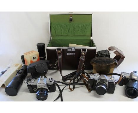 Selection of camera equipment including Nikon F65 auto focus, Topcon EC-1 auto SLR, Kowa SE SLR, Lubitel 2 TLR, selection of 