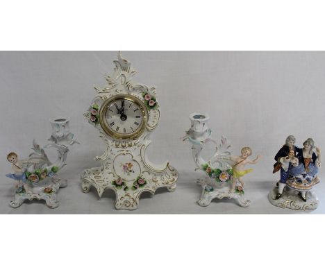 Sitzendorf floral encrusted clock, pair of cherub candelabra and Unter Weiss Bach figural group&nbsp;