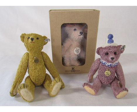 2 Steiff miniature porcelain bears 1904 H 13 cm and clown H 12.5 cm together with a miniature boxed Steiff club bear 2003 H 9