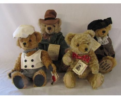 4 Hermann German teddy bears - Penydarran limited edition 26/200 H 40 cm, Lady Teddy bear 34/500 H 38 cm, chef 158/1000 H 30 