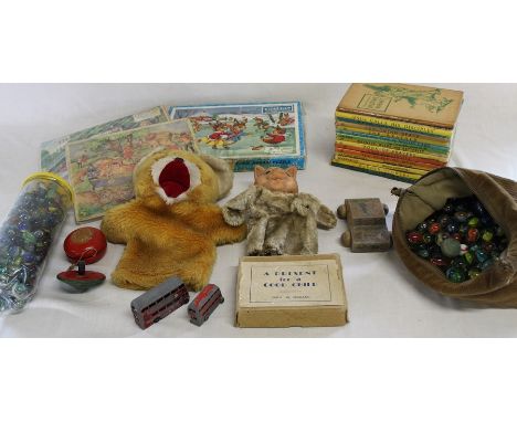 Selection of children's vintage toys including wooden jigsaws &amp; marbles