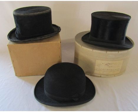 2 gents black top hats inc Christys London and a bowler hat by G A Dunn &amp; Co (size 7)