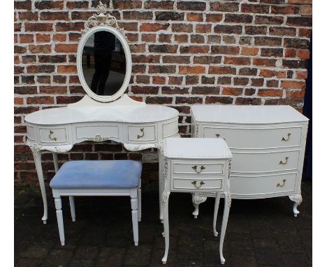 French style white &amp; gilt dressing table, stool (not matching), chest of drawers and bedside cabinet