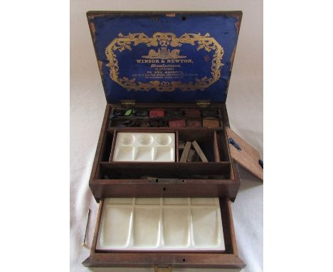 Victorian Winsor &amp; Newton artist's paint box with 2 ceramic palettes, blue label Winsor &amp; Newton manufacturers by app