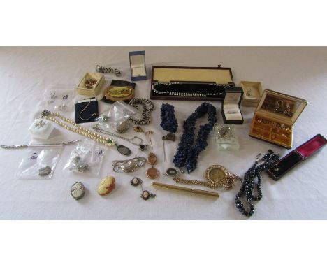 Selection of costume jewellery, watch, compact case inc some silver