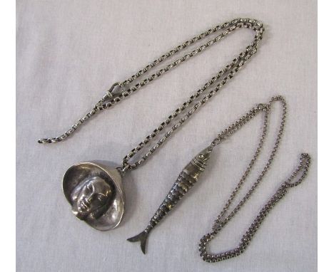 Large silver pendant of a woman in a hat weight 1.08 ozt on a white metal chain &amp; a silver articulated fish pendant on a 