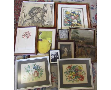 Various prints, paintings inc pair of still life watercolours, signed Ruth Murchison print and a small alphabet sampler