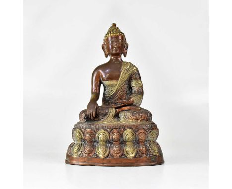 A Thai bronze Buddha figure, modelled in lotus position with upturned open hand and with brass highlights, height 30cm.Condit