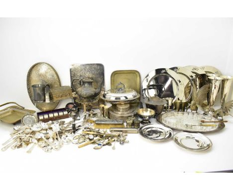 A quantity of vintage and antique silver plated items including three trumpet shaped vases, height 28cm, teapots, fighting co
