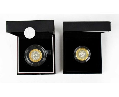 THE ROYAL MINT; two coins comprising 'The 350th Anniversary of the Guinea 2013 Silver Proof £2', and 'The London 2012 Handove